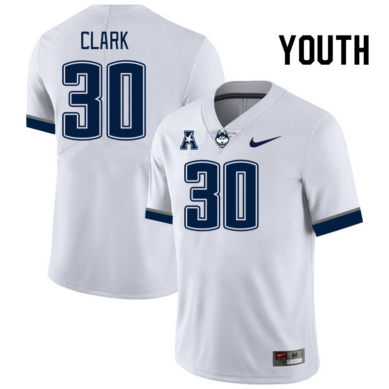 Youth #30 Hunter Clark Connecticut Huskies College Football Jerseys Stitched Sale-White